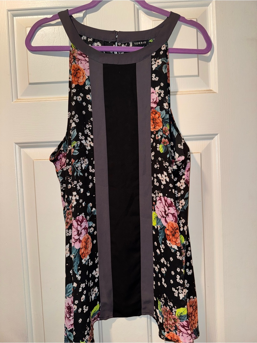 torrid Black Floral Halter Tank with Gray Stripes